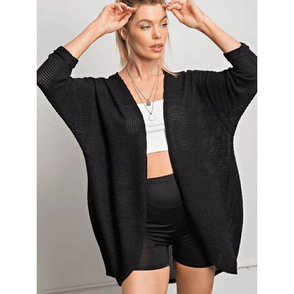 Sunset Chaser Waffle Knit Cardigan Black M - Picture 1 of 9